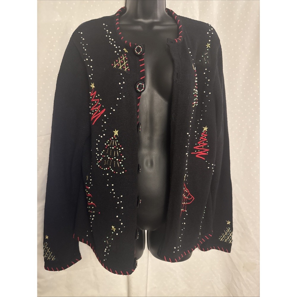 VTG Basic Editions Holiday/Christmas‎ Cardigan  Sweater Beaded Trees SZ MEDIUM
